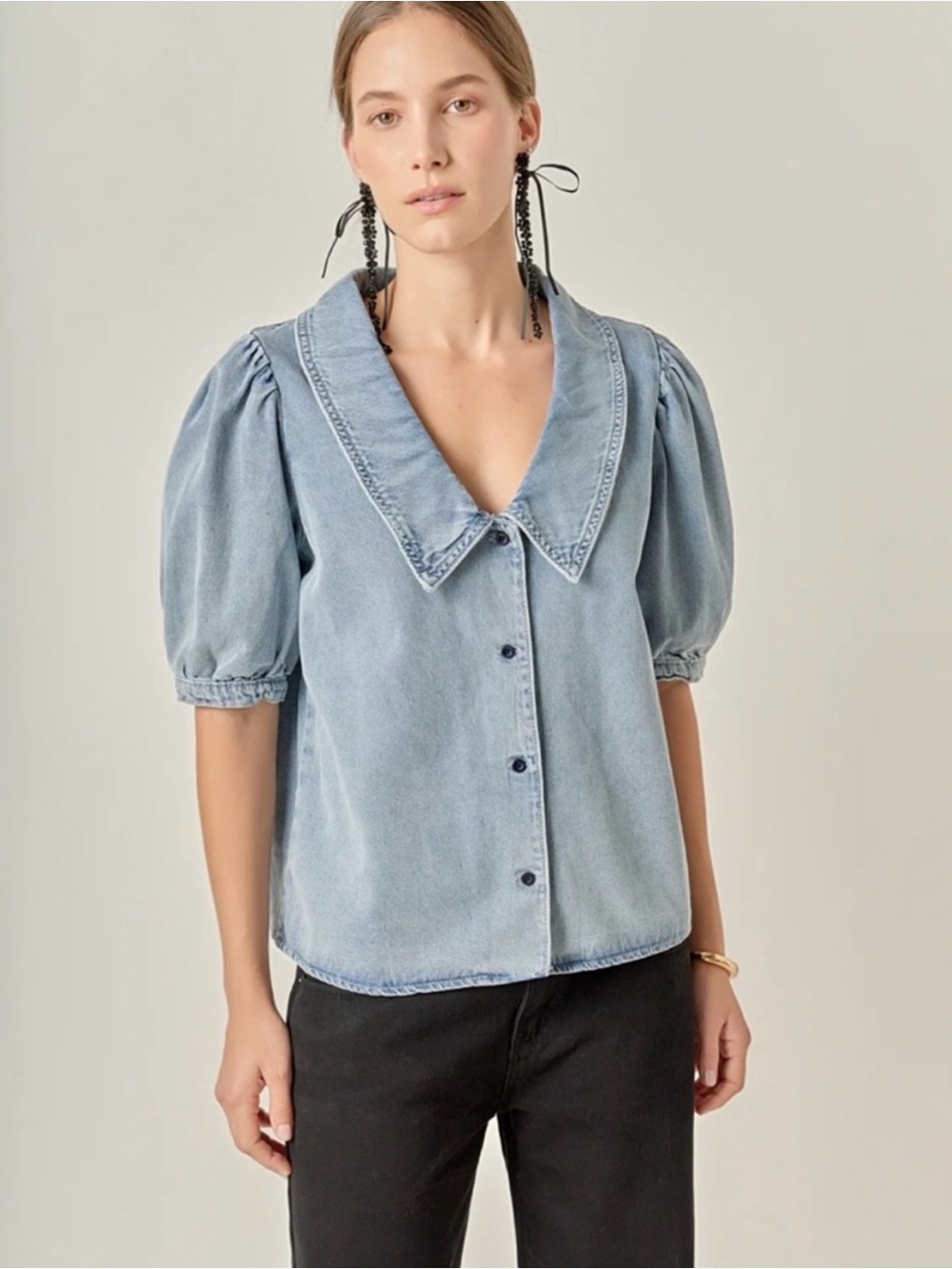 English Factory Peter Pan Collar Balloon Sleeve Button Up Denim Top Small Blue